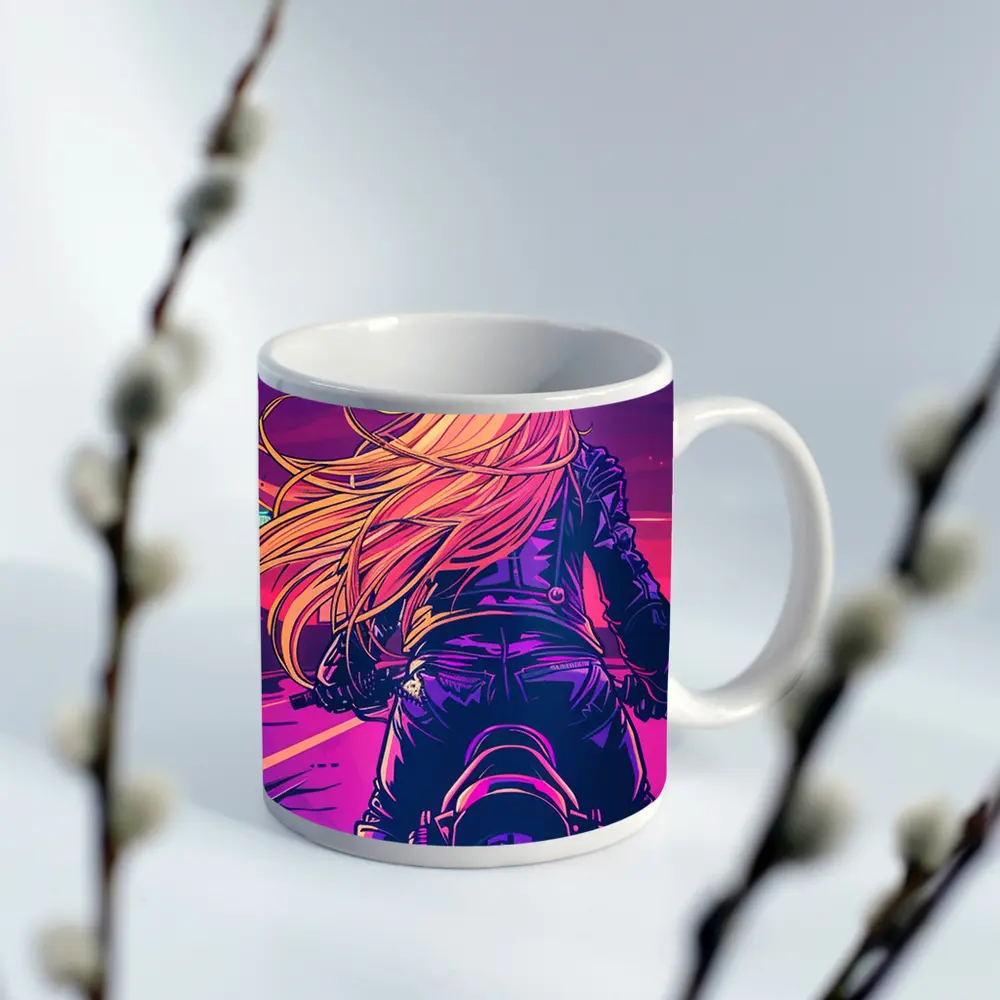 Biker Girl Riding Motorcycle Neon Purple Sunset – Mugs