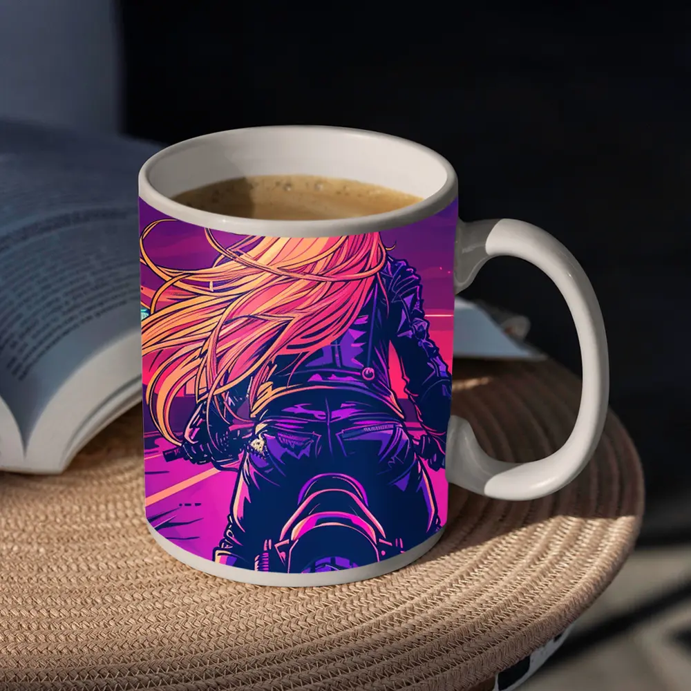 Biker Girl Riding Motorcycle Neon Purple Sunset – Mugs