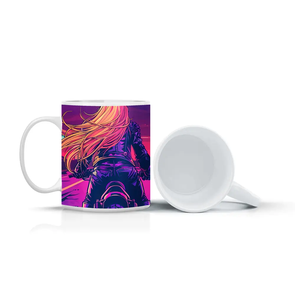Biker Girl Riding Motorcycle Neon Purple Sunset – Mugs