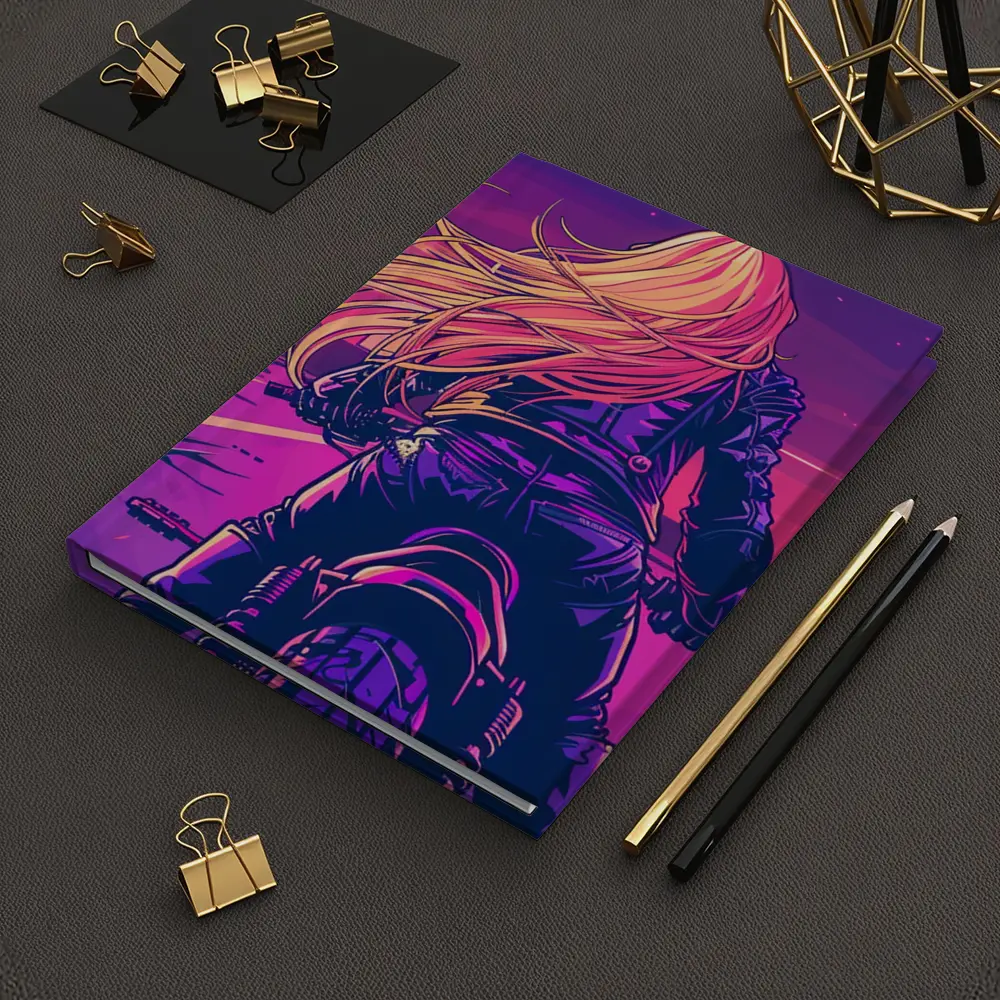 Biker Girl Riding Motorcycle Neon Purple Sunset – Notebooks