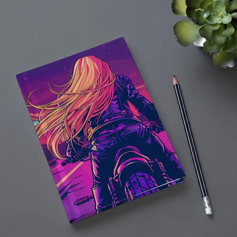 Biker Girl Riding Motorcycle Neon Purple Sunset – Notebooks