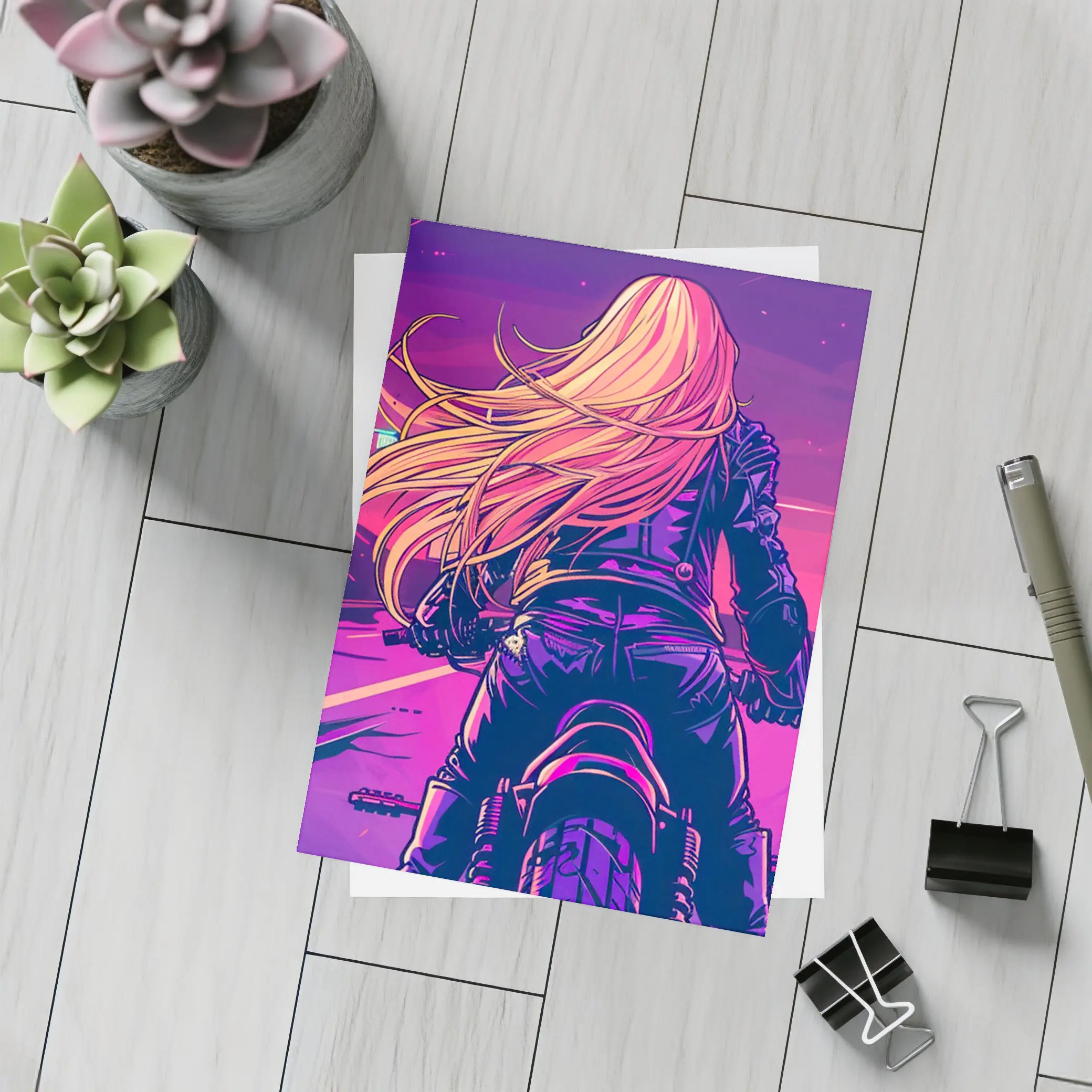 Biker Girl Riding Motorcycle Neon Purple Sunset – Postcards