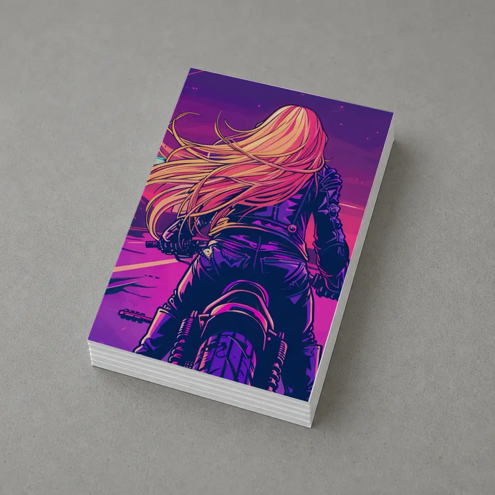 Biker Girl Riding Motorcycle Neon Purple Sunset – Postcards