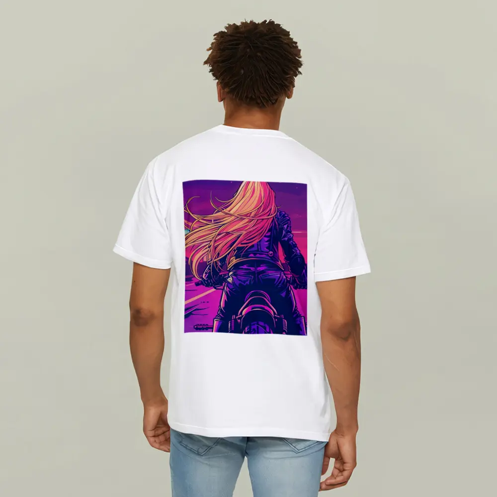 Biker Girl Riding Motorcycle Neon Purple Sunset – T-Shirts