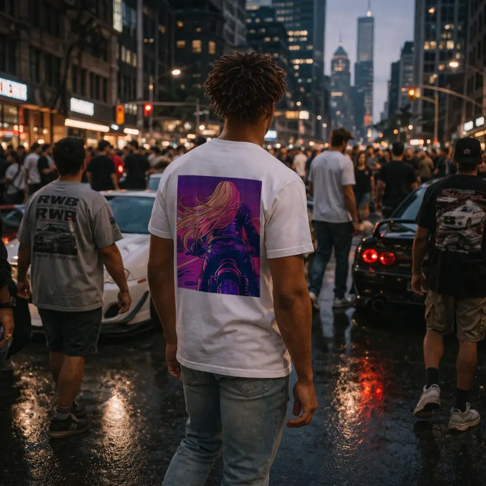 Biker Girl Riding Motorcycle Neon Purple Sunset – T-Shirts