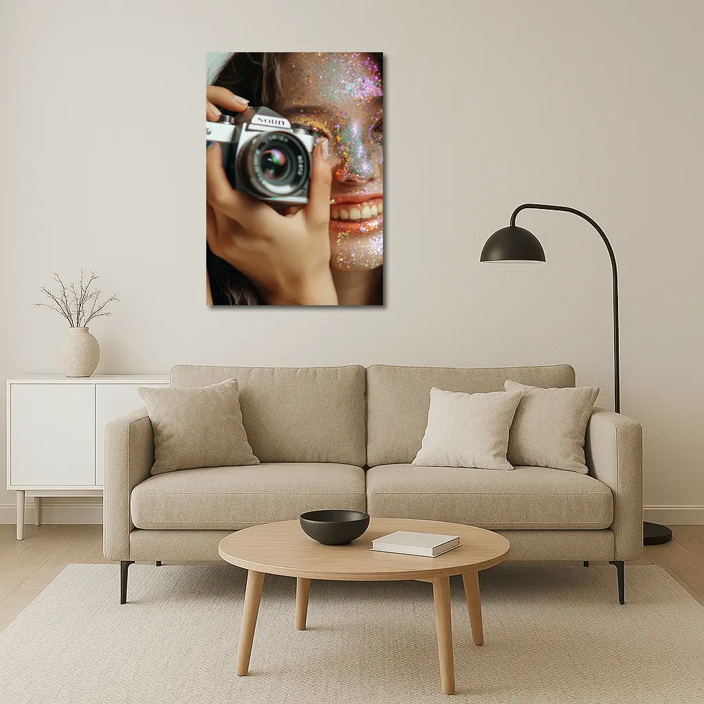 Girl With Camera Glitter Face Portrait – Wall Art