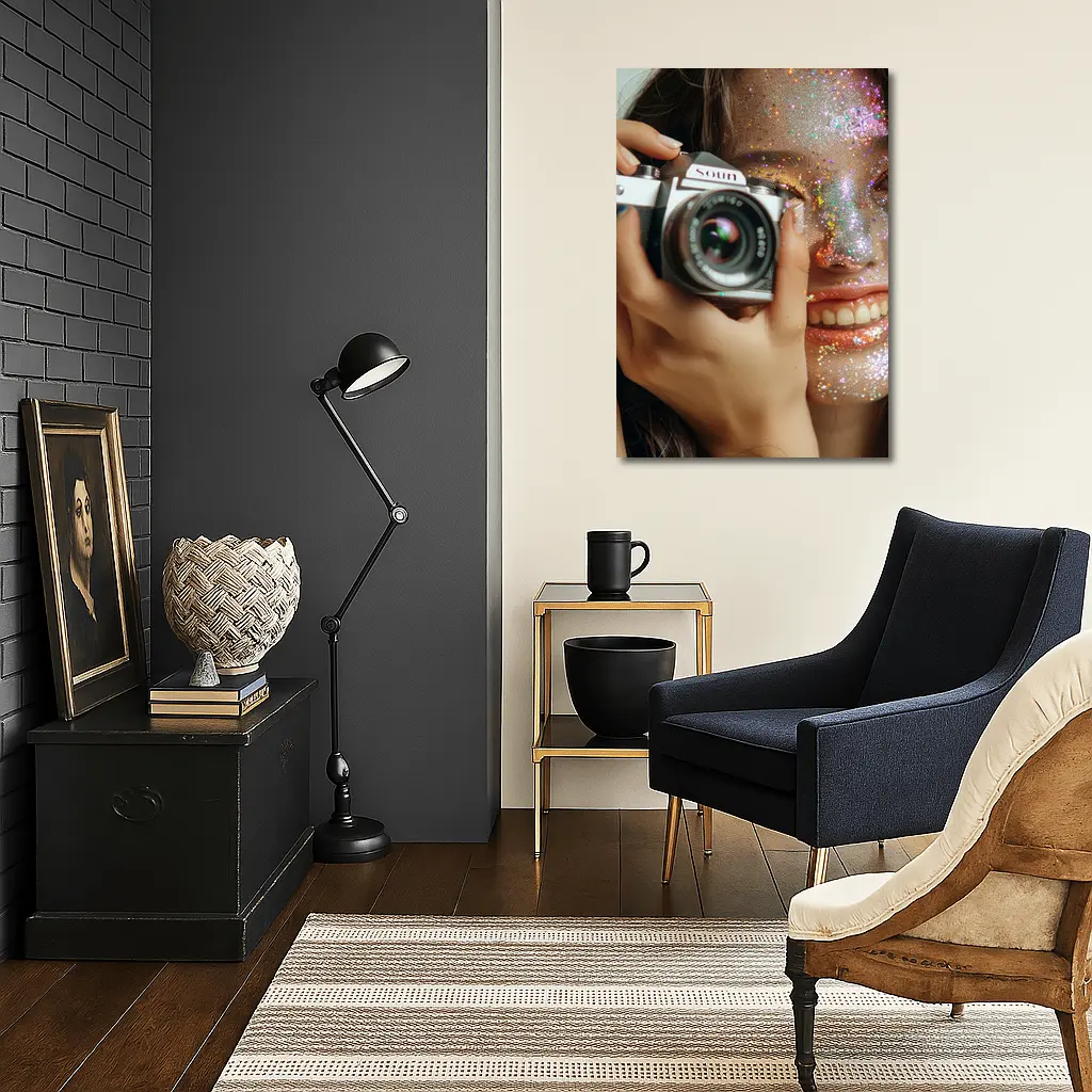 Girl With Camera Glitter Face Portrait – Wall Art