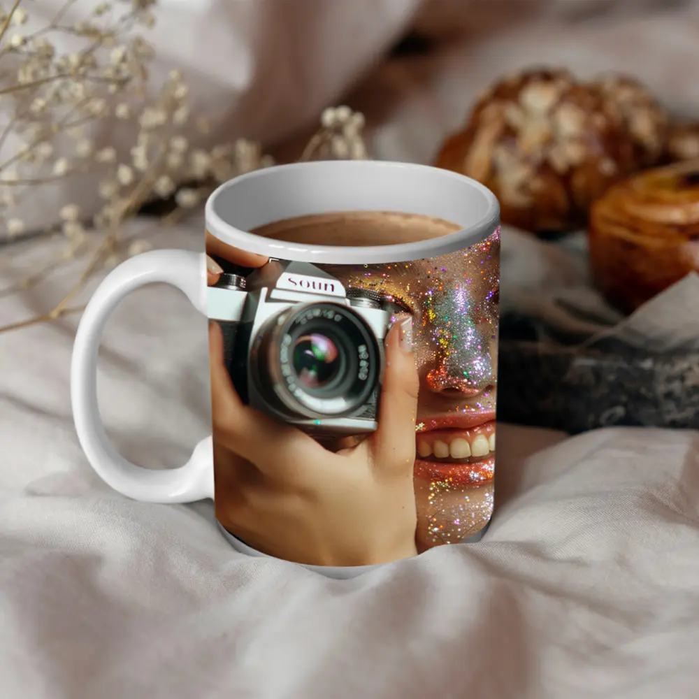 Girl With Camera Glitter Face Portrait – Mugs