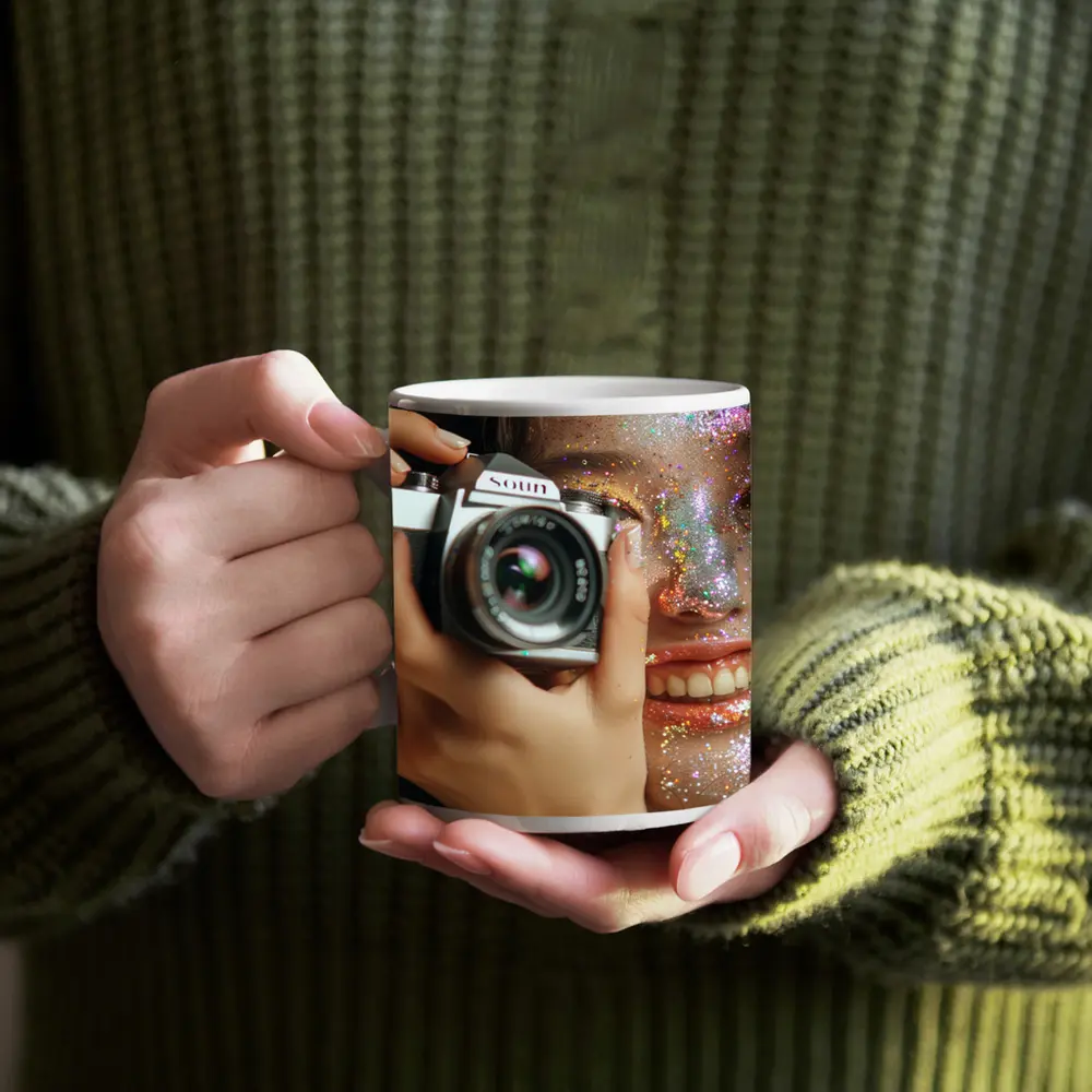 Girl With Camera Glitter Face Portrait – Mugs