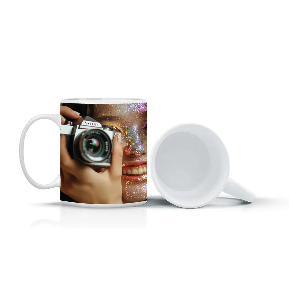 Girl With Camera Glitter Face Portrait – Mugs