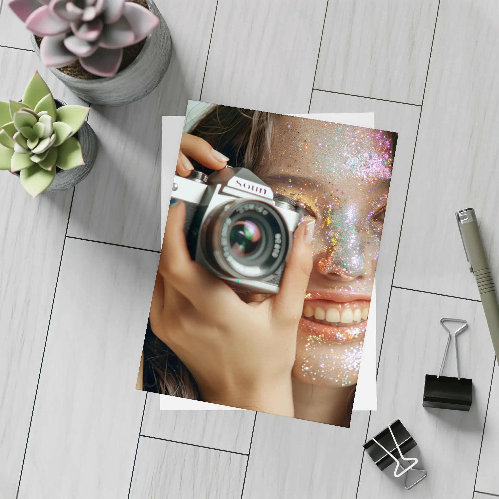 Girl With Camera Glitter Face Portrait – Postcards