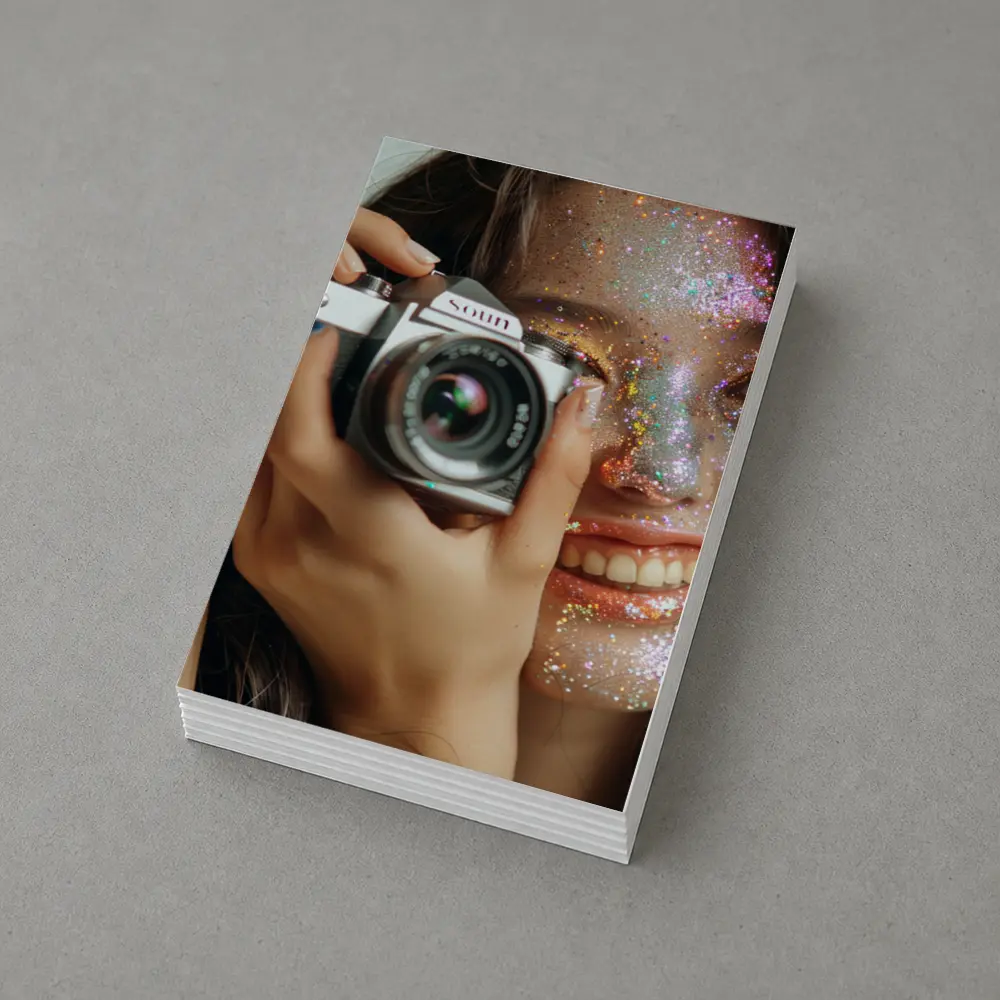 Girl With Camera Glitter Face Portrait – Postcards
