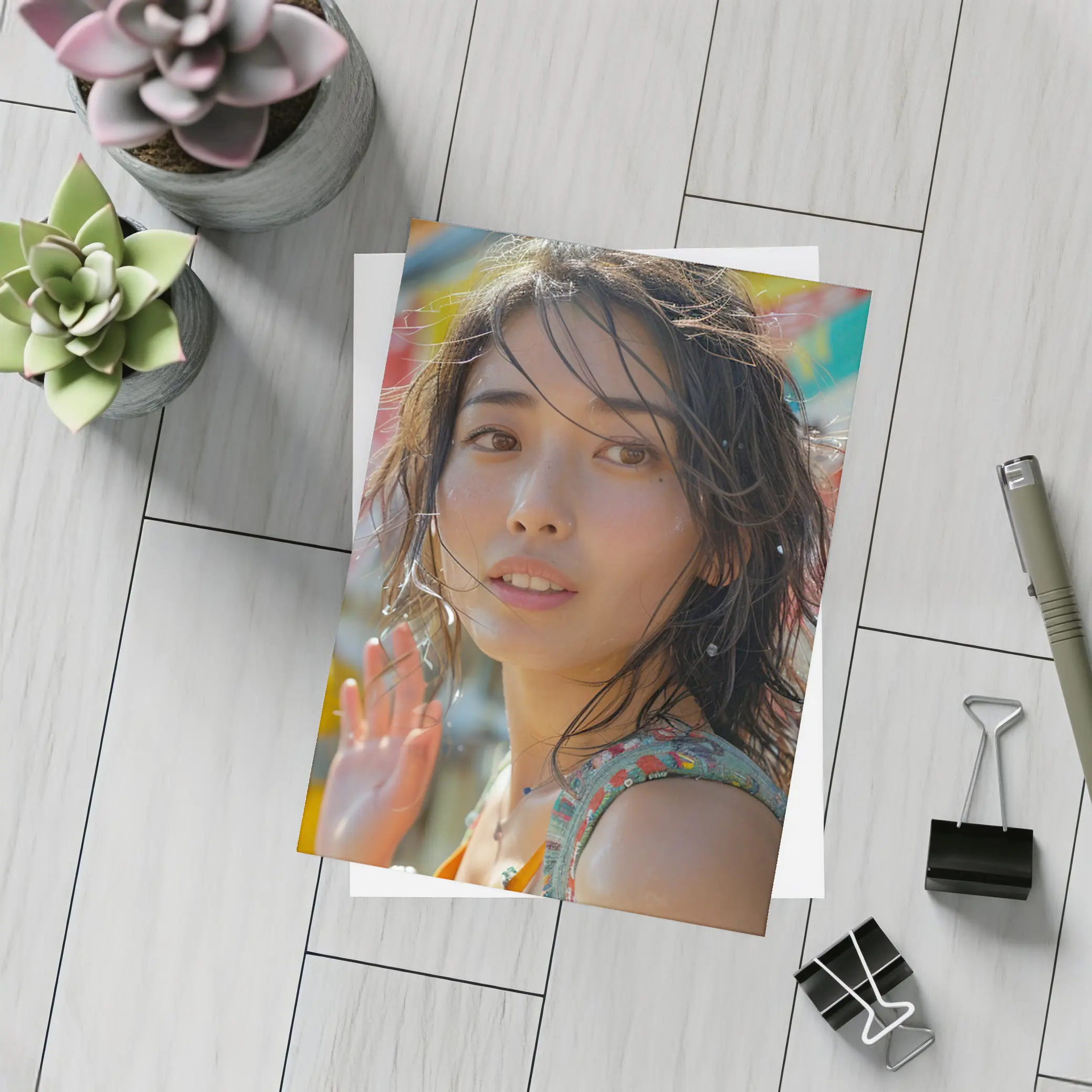 Young Asian Woman Colorful Summer Background – Postcards