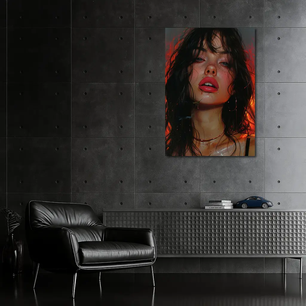 Dark Portrait Woman Red Fire Background – Wall Art