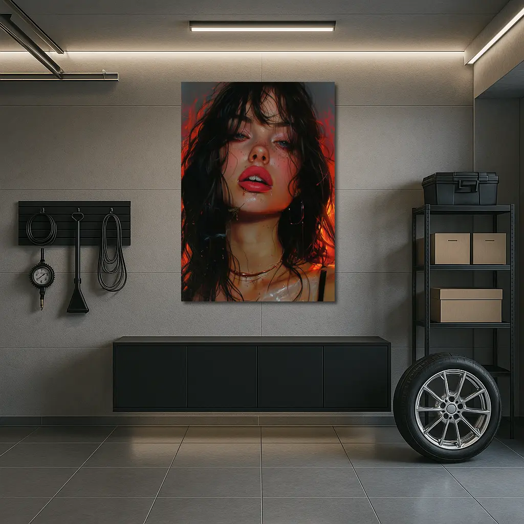 Dark Portrait Woman Red Fire Background – Wall Art