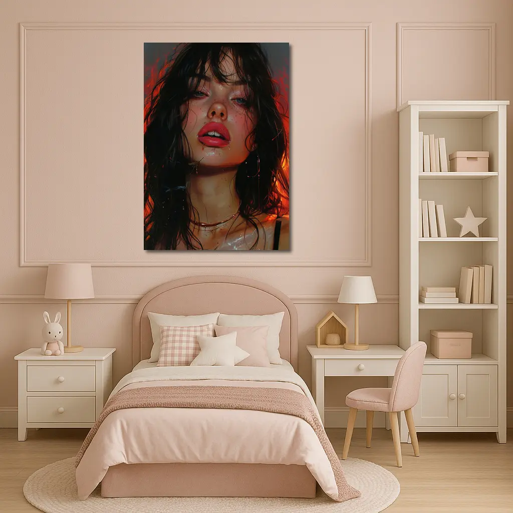 Dark Portrait Woman Red Fire Background – Wall Art