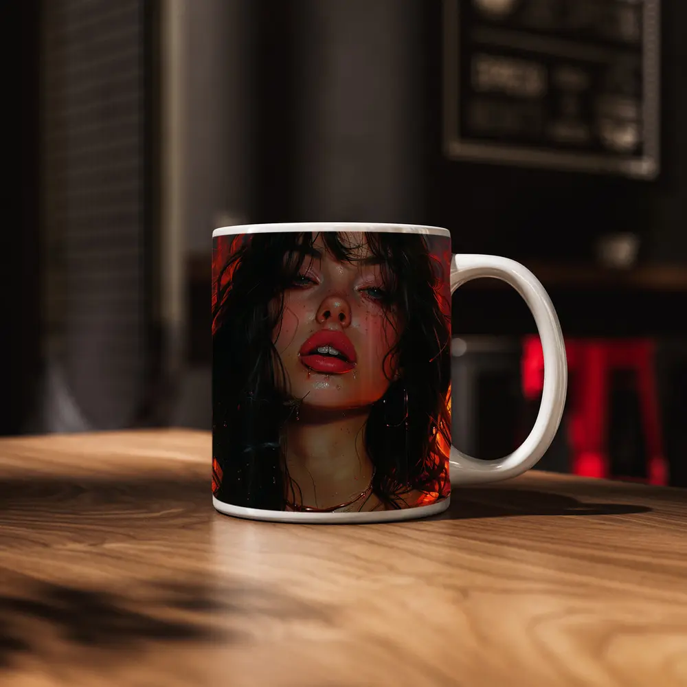 Dark Portrait Woman Red Fire Background – Mugs