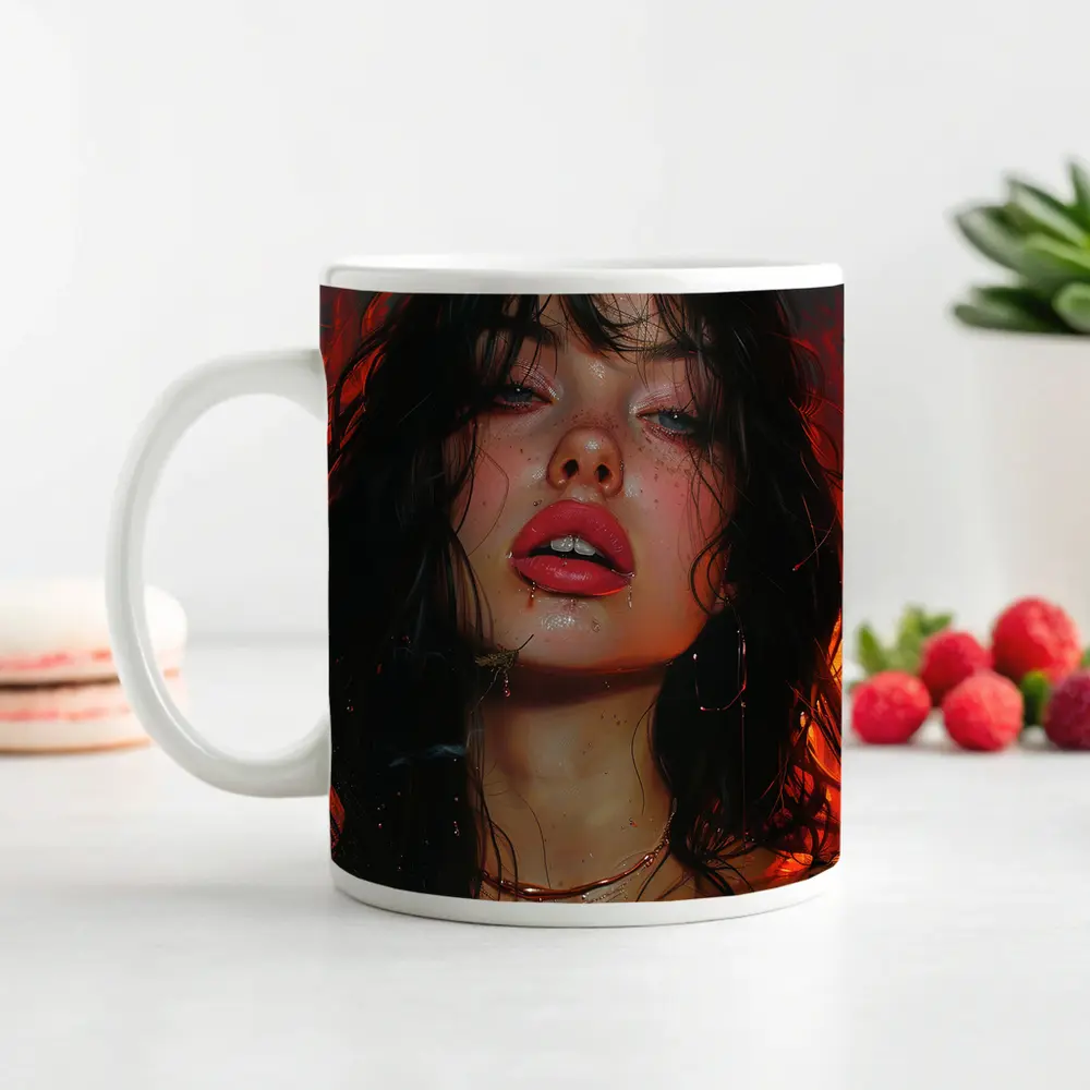 Dark Portrait Woman Red Fire Background – Mugs