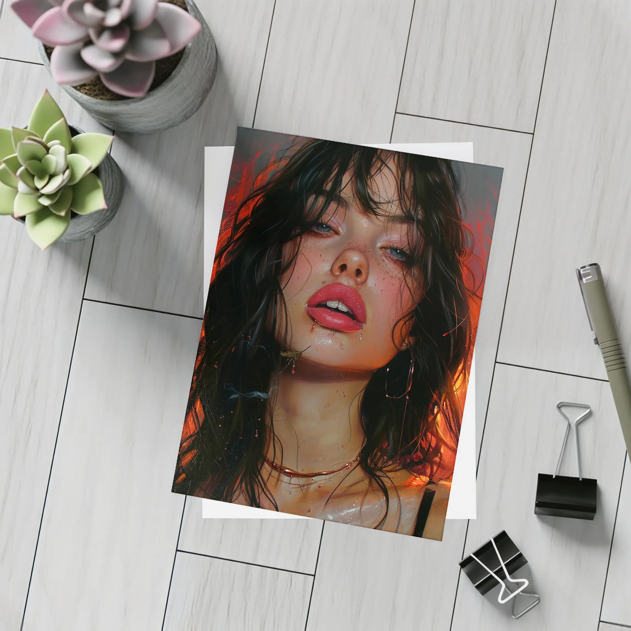 Dark Portrait Woman Red Fire Background – Postcards