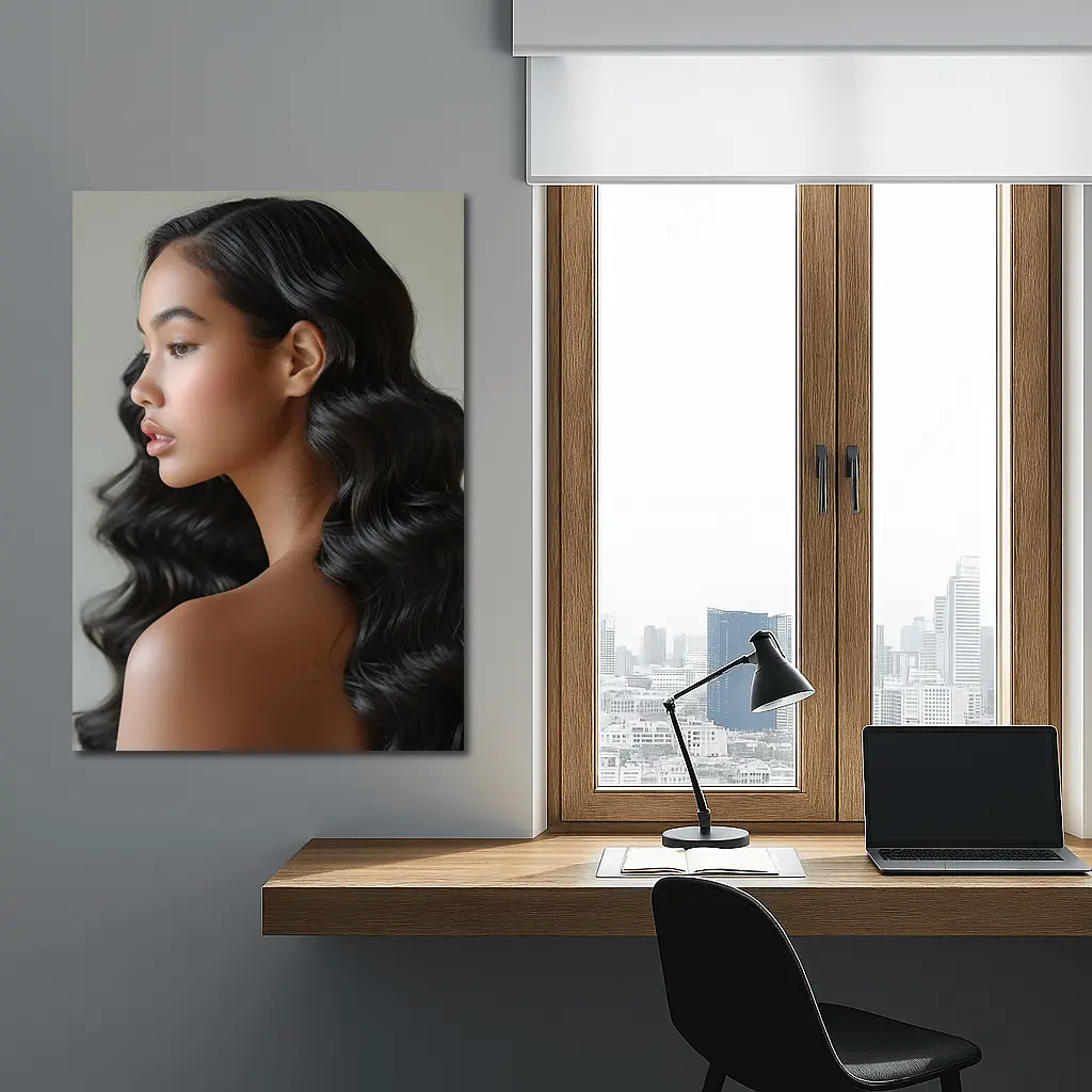 Young Woman Long Black Wavy Hair Portrait – Wall Art