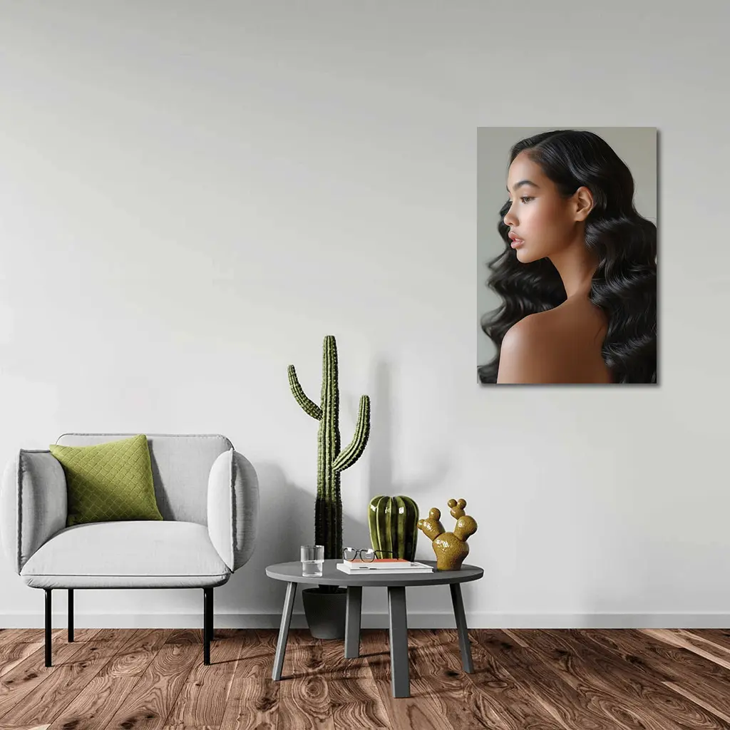 Young Woman Long Black Wavy Hair Portrait – Wall Art
