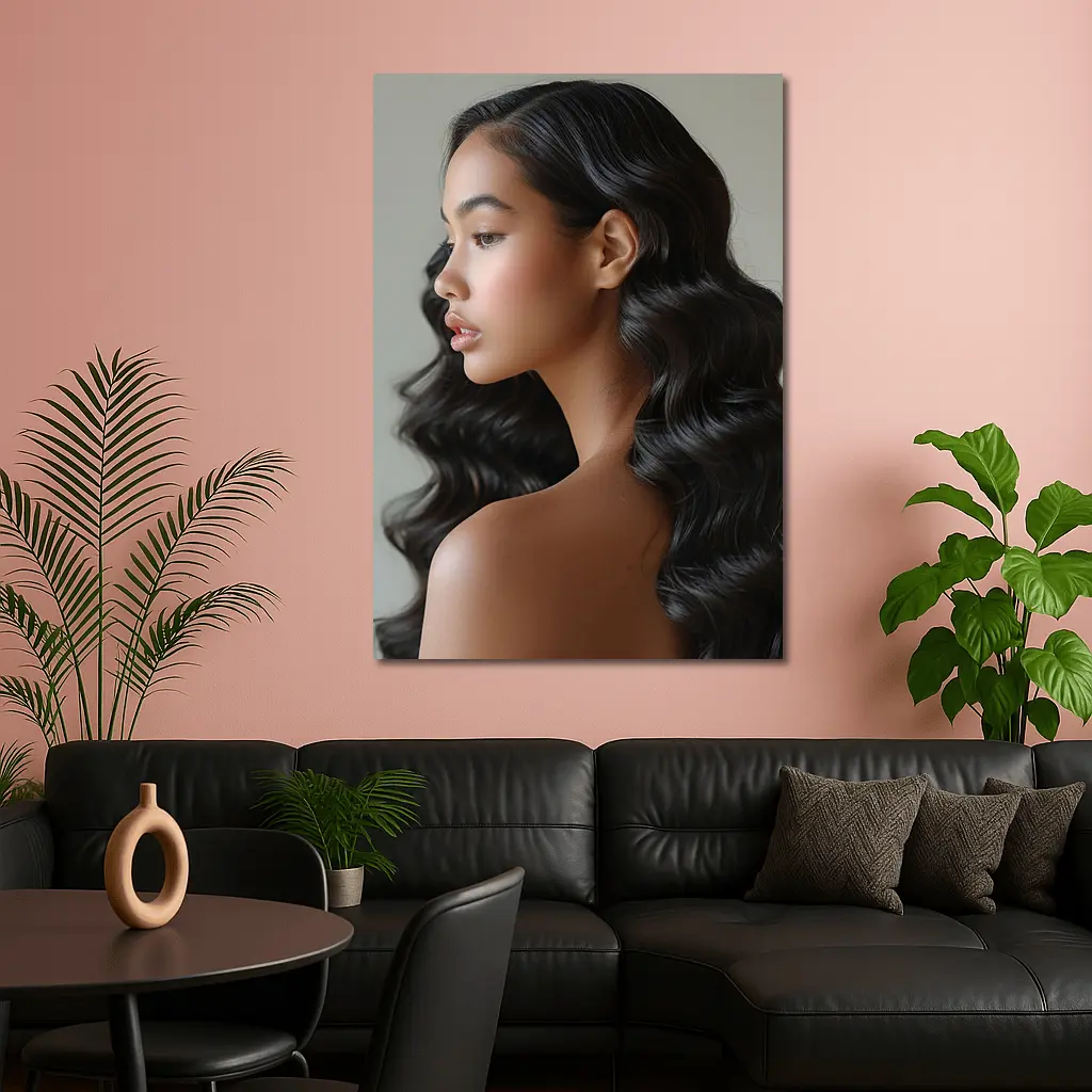Young Woman Long Black Wavy Hair Portrait – Wall Art