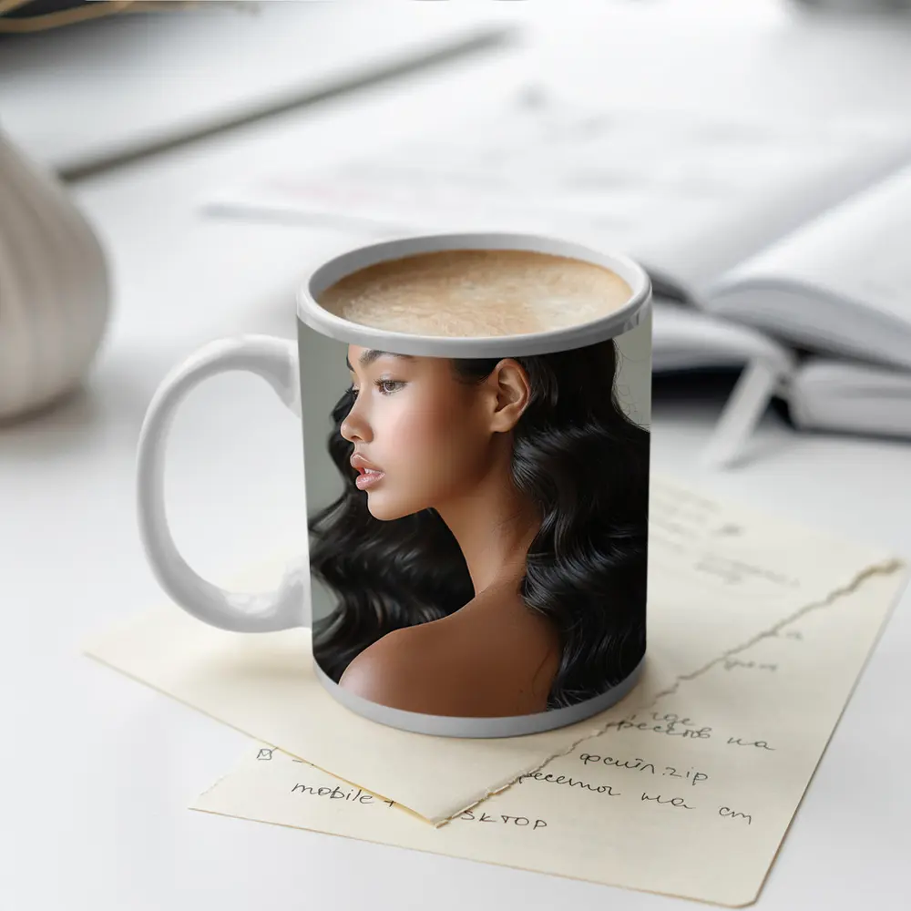 Young Woman Long Black Wavy Hair Portrait – Mugs