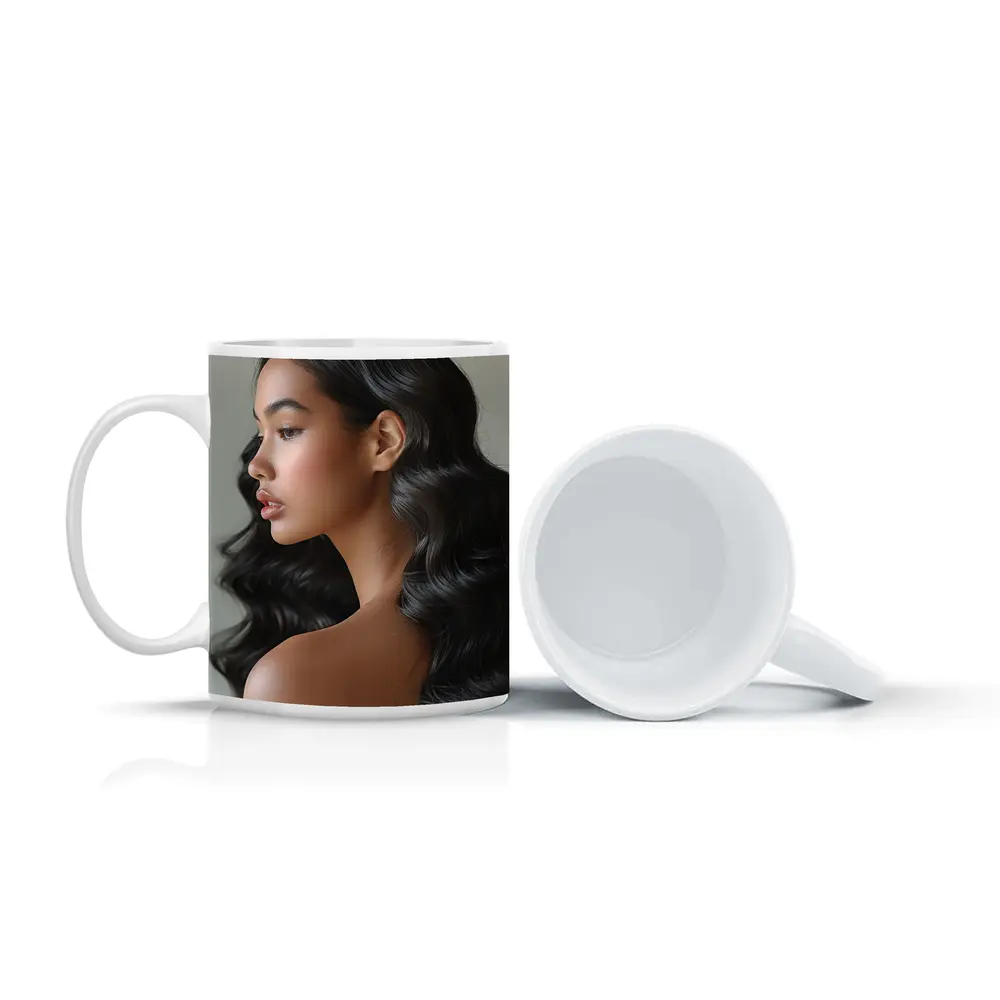 Young Woman Long Black Wavy Hair Portrait – Mugs