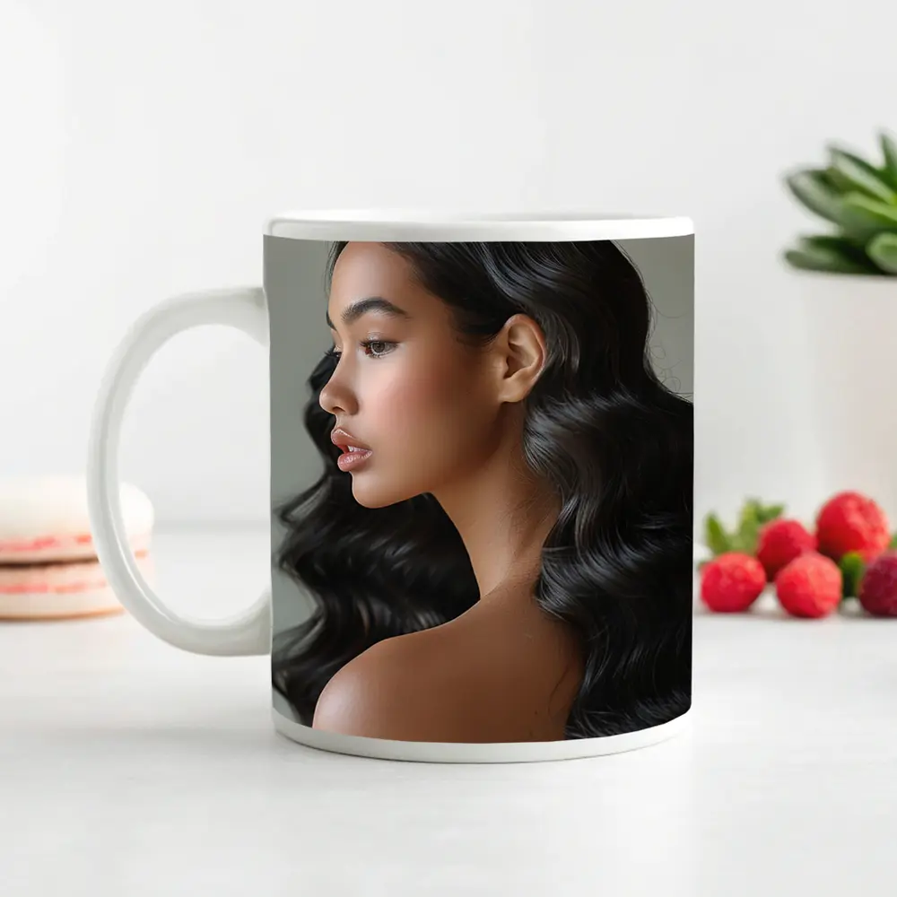 Young Woman Long Black Wavy Hair Portrait – Mugs
