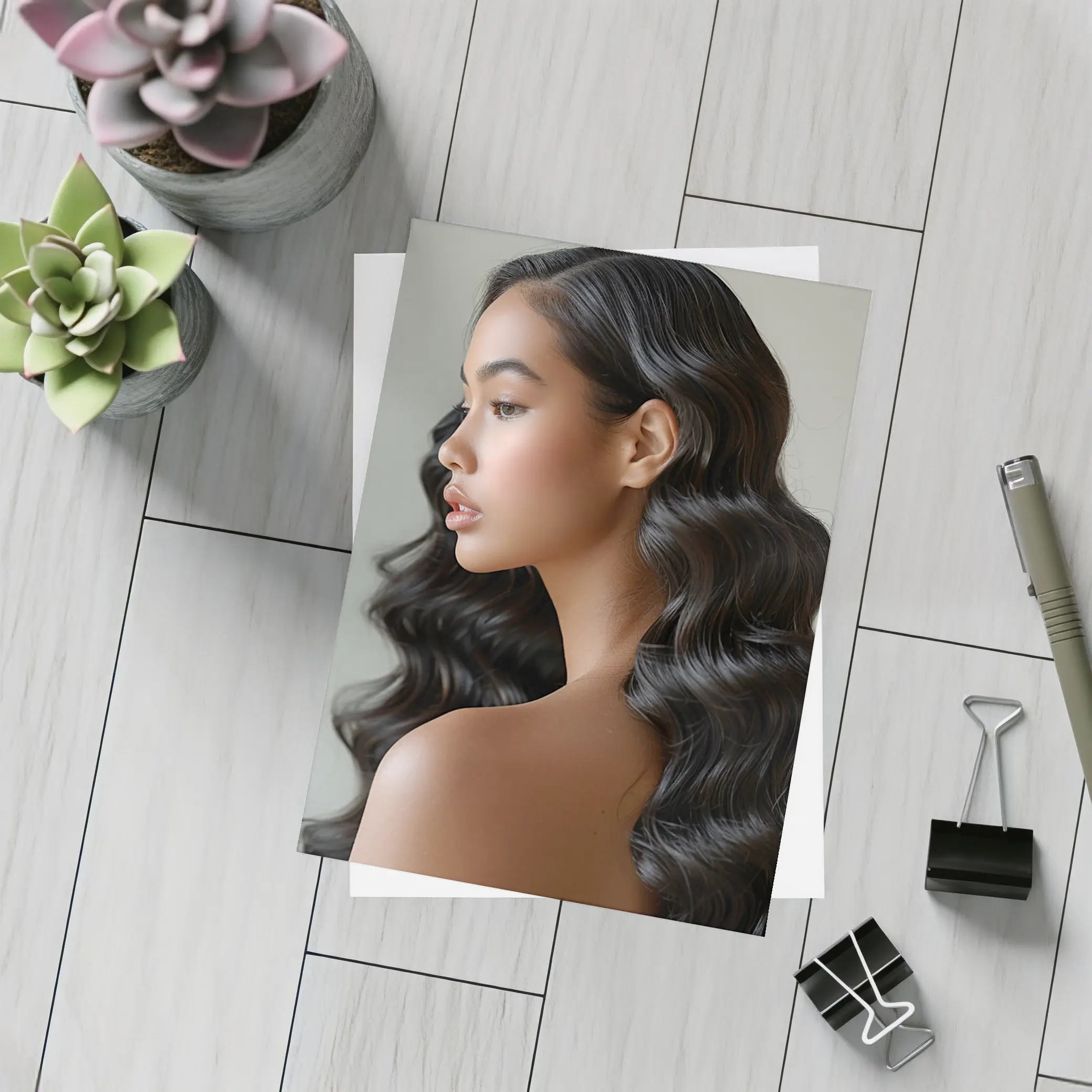Young Woman Long Black Wavy Hair Portrait – Postcards