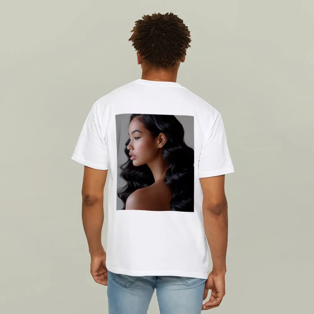 Young Woman Long Black Wavy Hair Portrait – T-Shirts