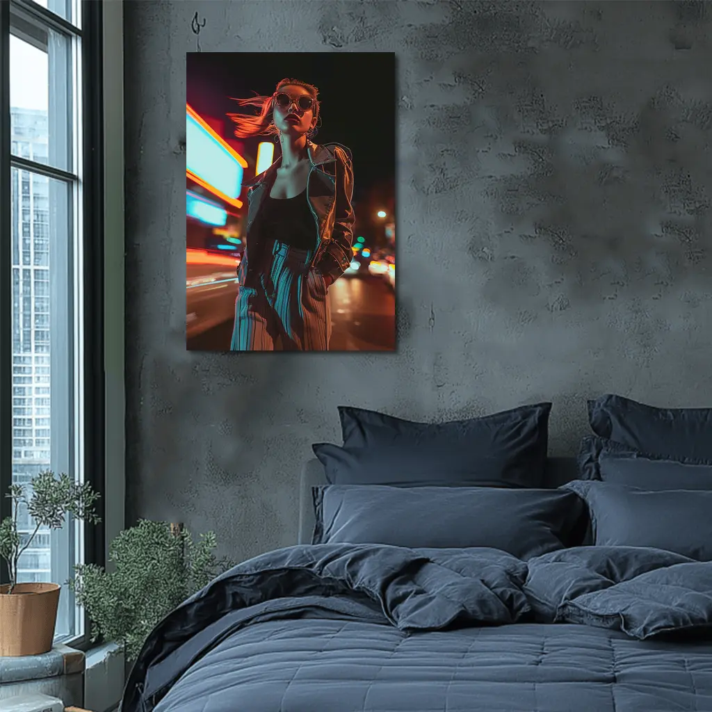 Woman Neon City Street Night Fashion – Wall Art
