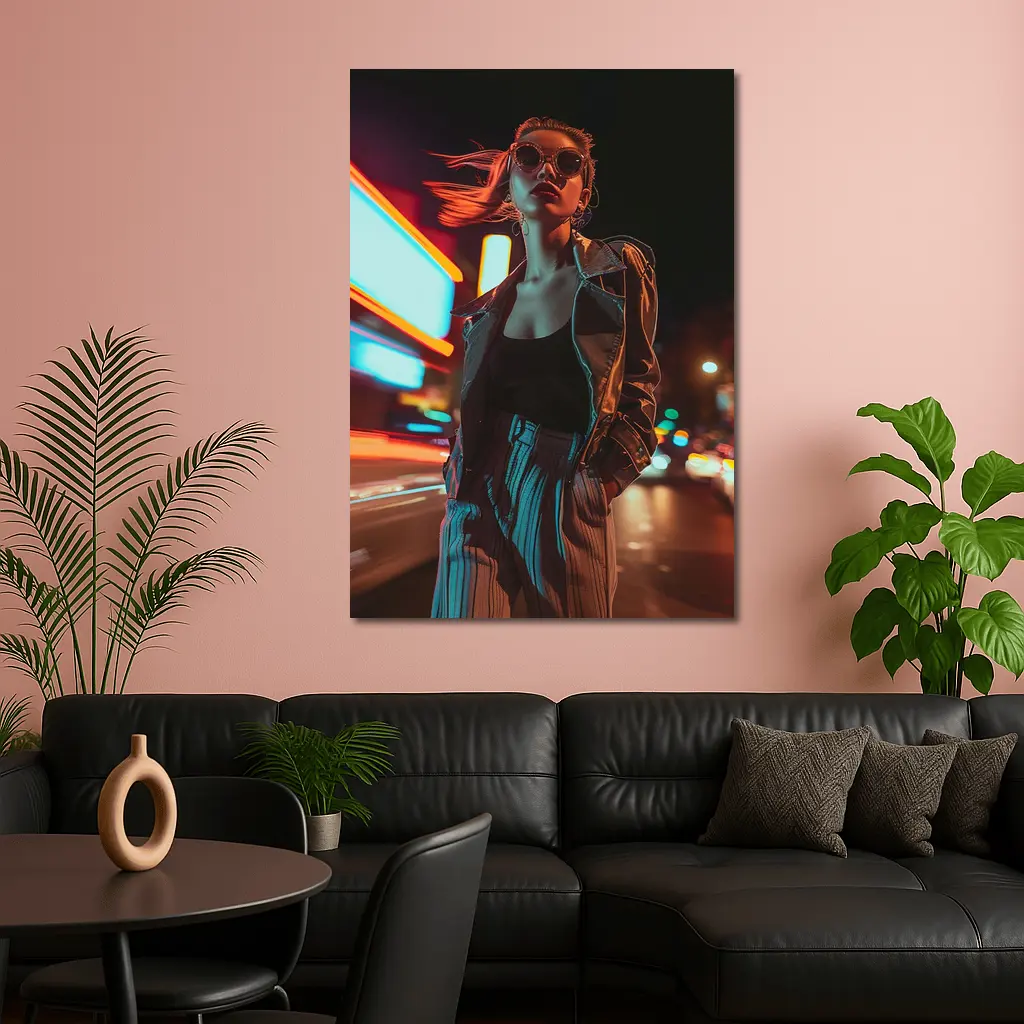 Woman Neon City Street Night Fashion – Wall Art