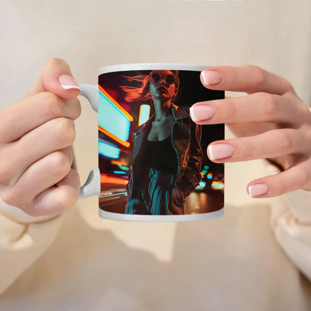 Woman Neon City Street Night Fashion – Mugs