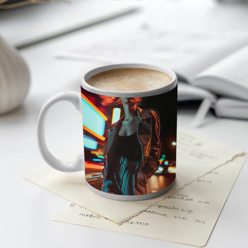 Woman Neon City Street Night Fashion – Mugs