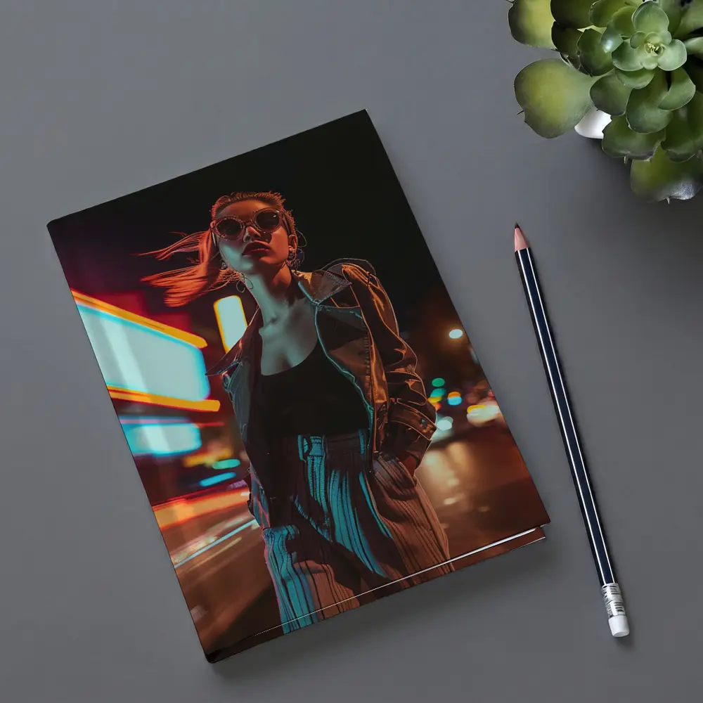 Woman Neon City Street Night Fashion – Notebooks