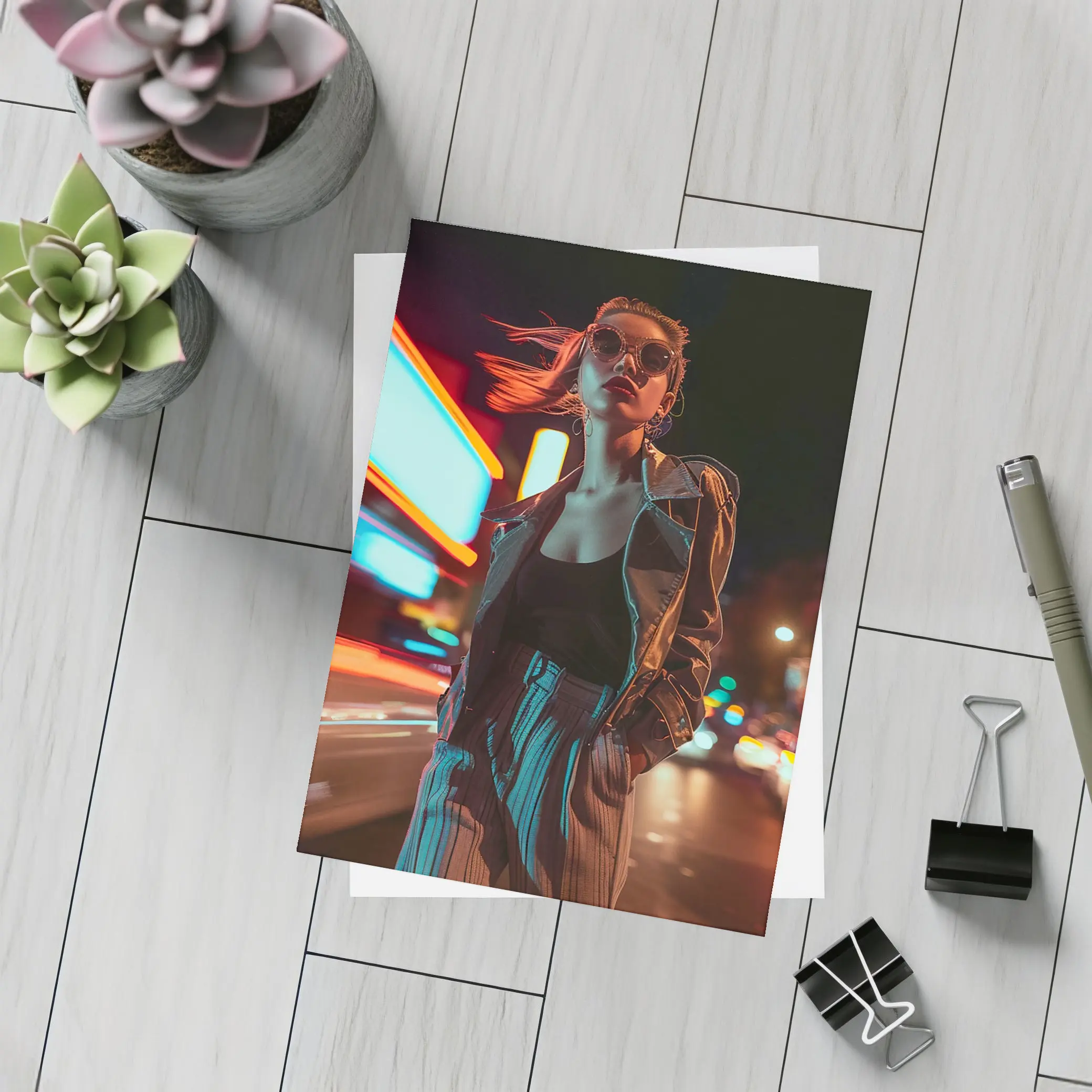 Woman Neon City Street Night Fashion – Postcards