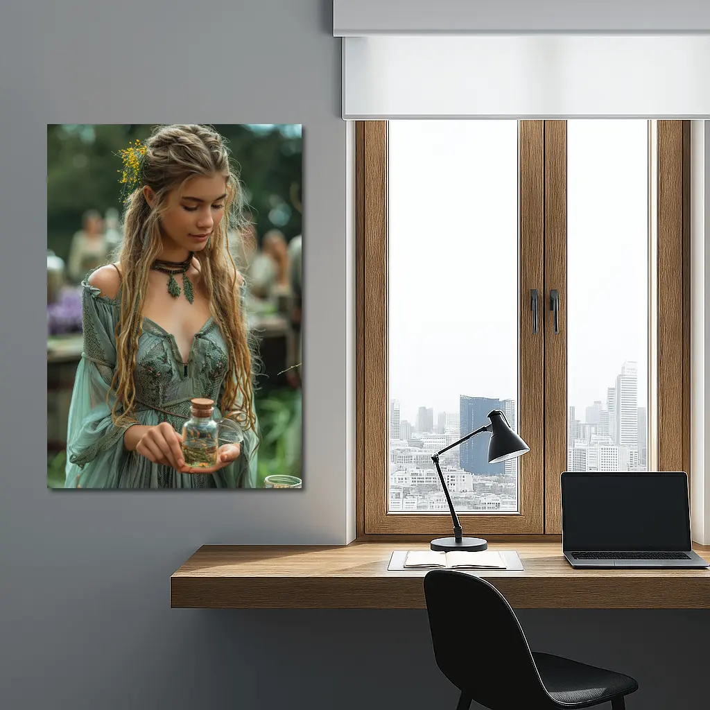Boho Forest Girl Holding Herb Potion Bottle – Wall Art