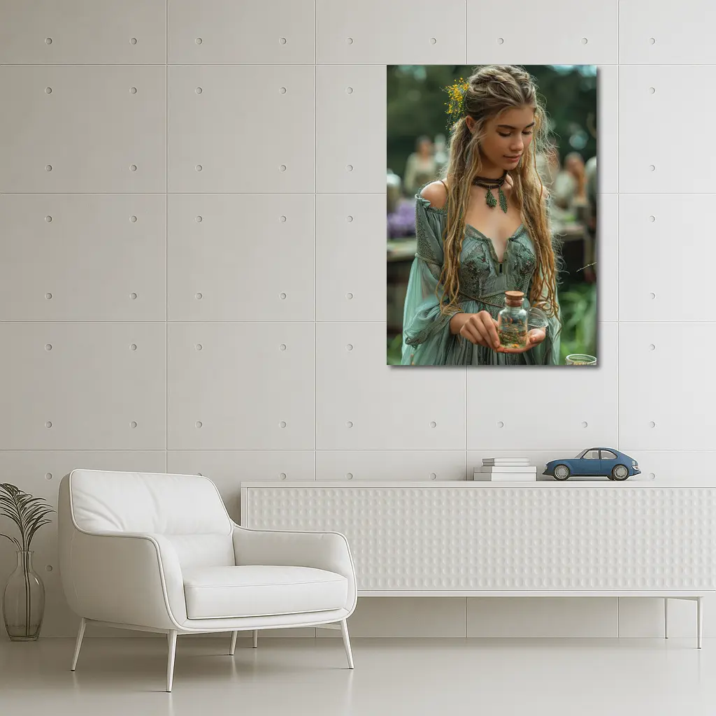 Boho Forest Girl Holding Herb Potion Bottle – Wall Art