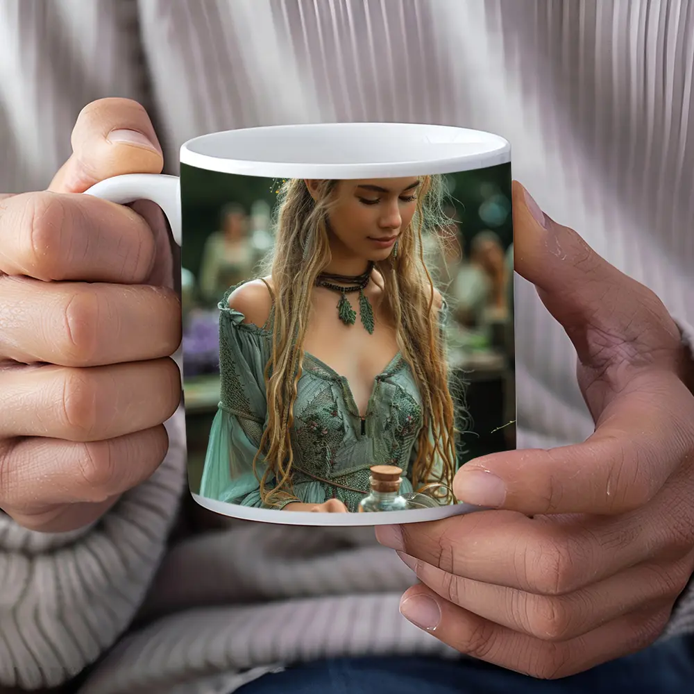 Boho Forest Girl Holding Herb Potion Bottle – Mugs
