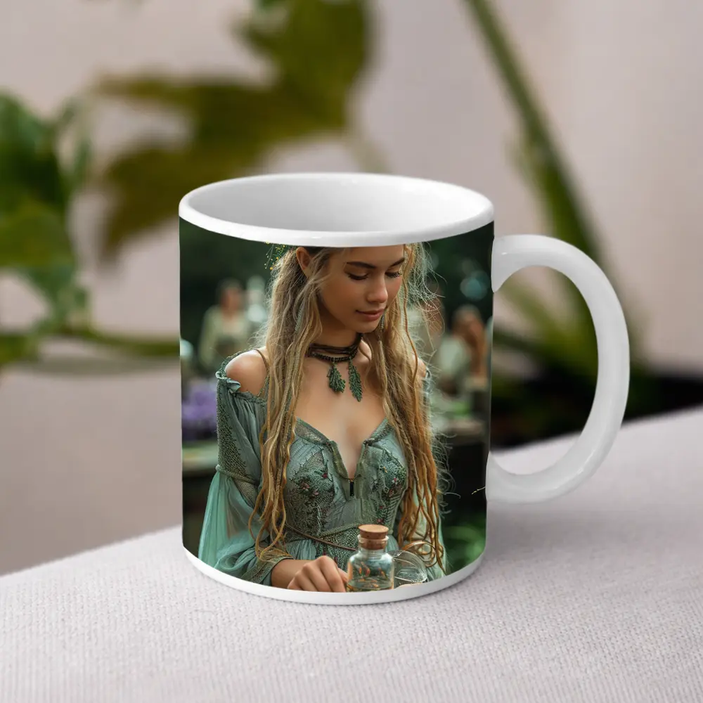 Boho Forest Girl Holding Herb Potion Bottle – Mugs
