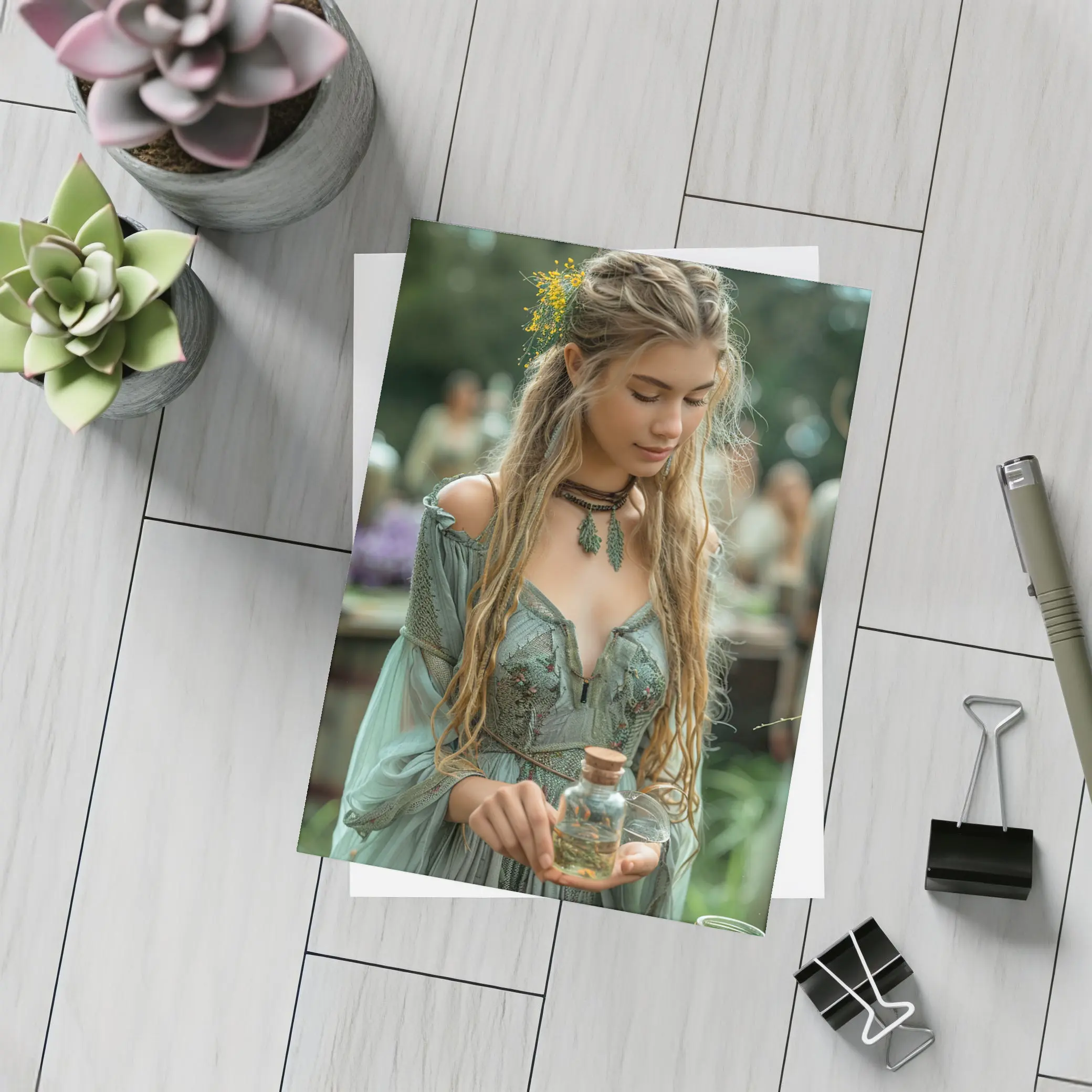 Boho Forest Girl Holding Herb Potion Bottle – Postcards
