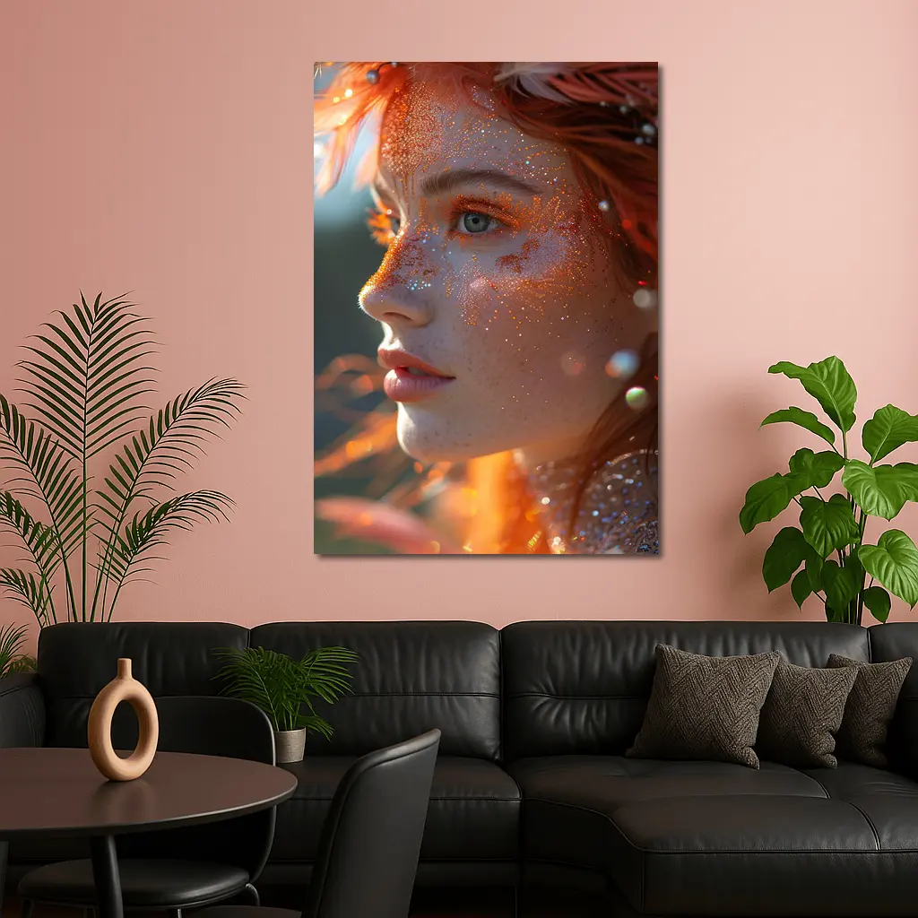 Redhead Woman Glitter Freckles Orange Feathers Portrait – Wall Art