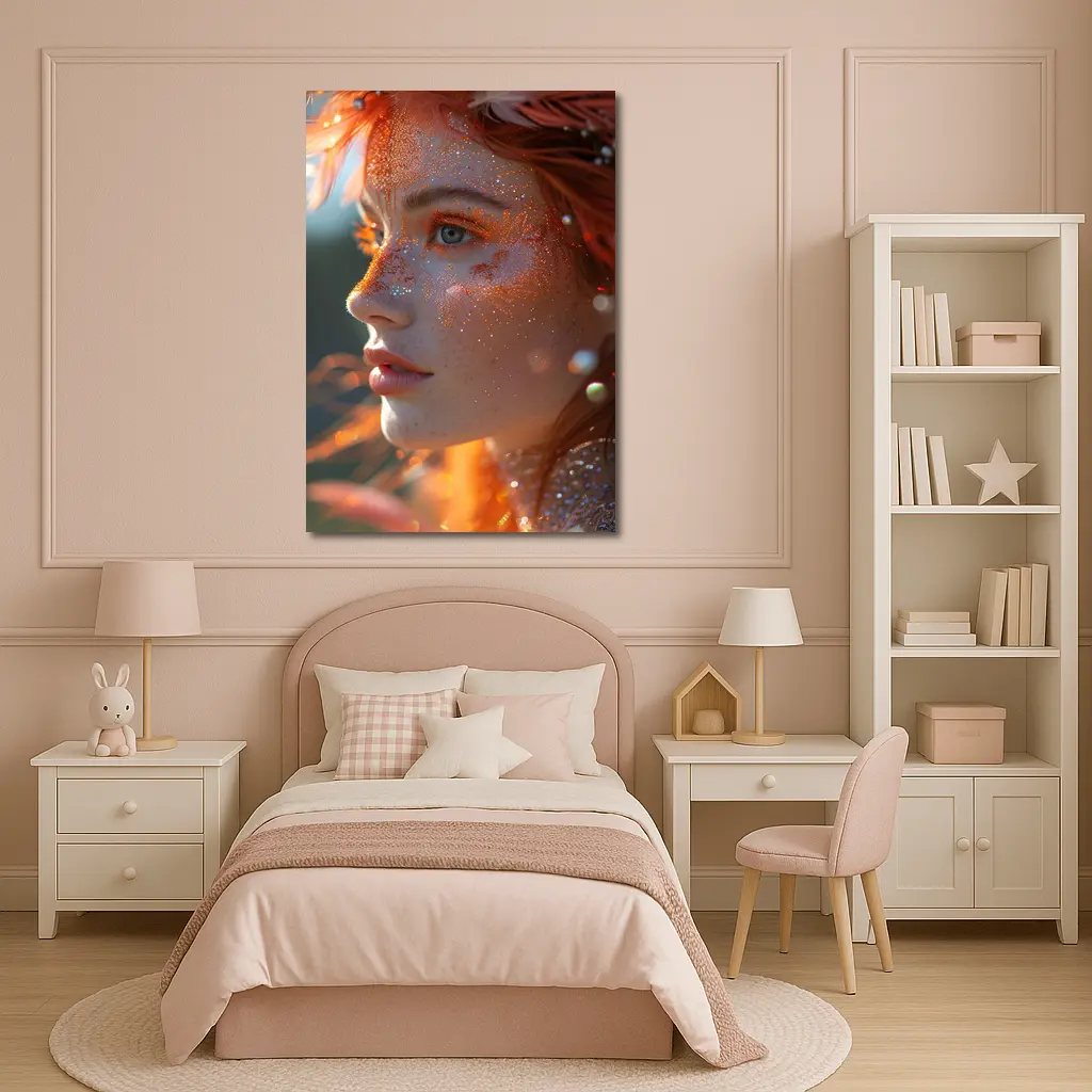 Redhead Woman Glitter Freckles Orange Feathers Portrait – Wall Art