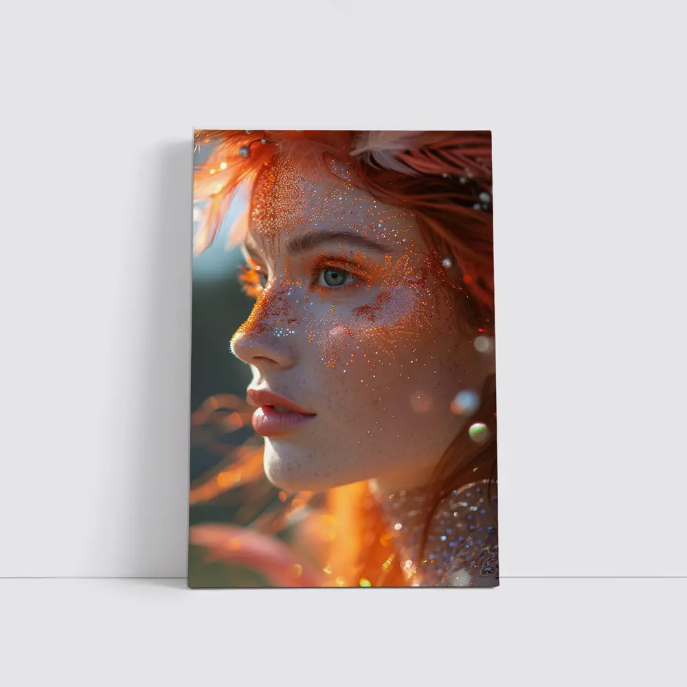 Redhead Woman Glitter Freckles Orange Feathers Portrait – Wall Art