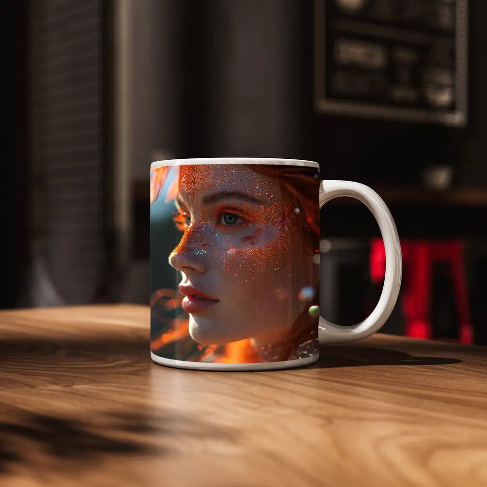 Redhead Woman Glitter Freckles Orange Feathers Portrait – Mugs