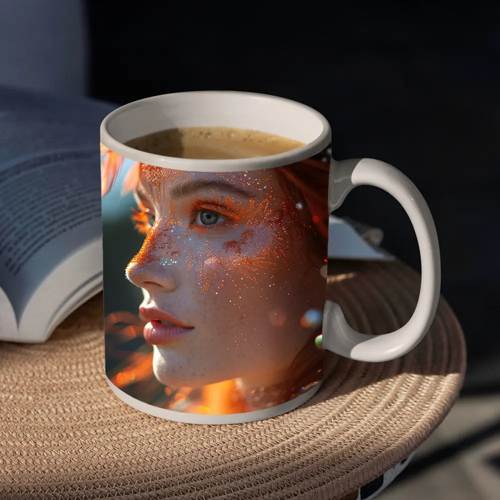 Redhead Woman Glitter Freckles Orange Feathers Portrait – Mugs