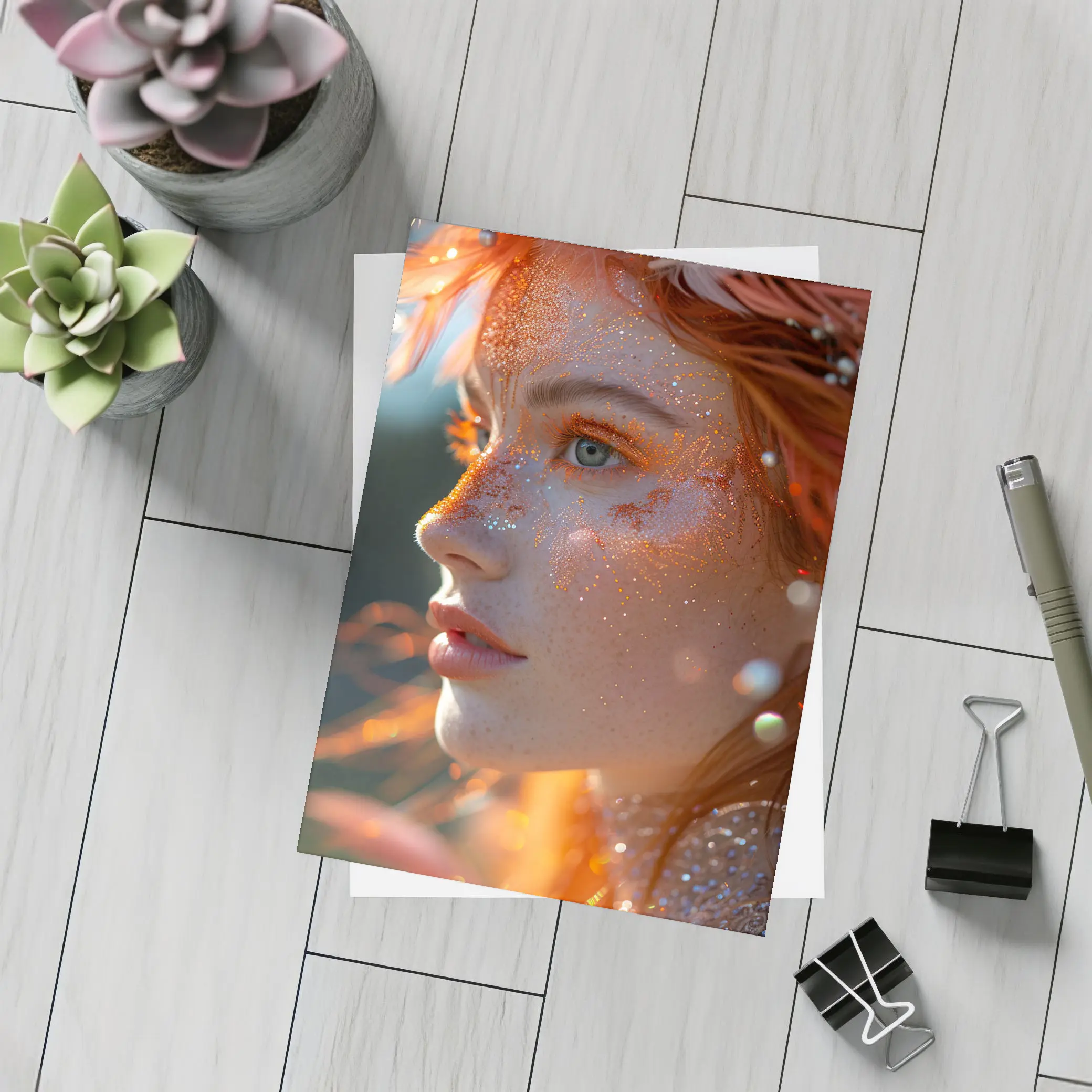 Redhead Woman Glitter Freckles Orange Feathers Portrait – Postcards