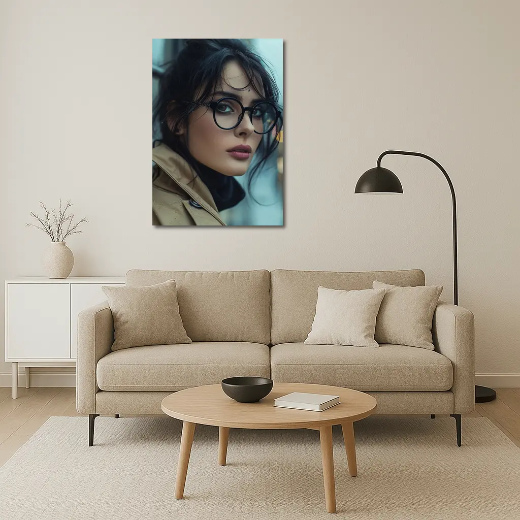 Dark Haired Woman Glasses City Background – Wall Art