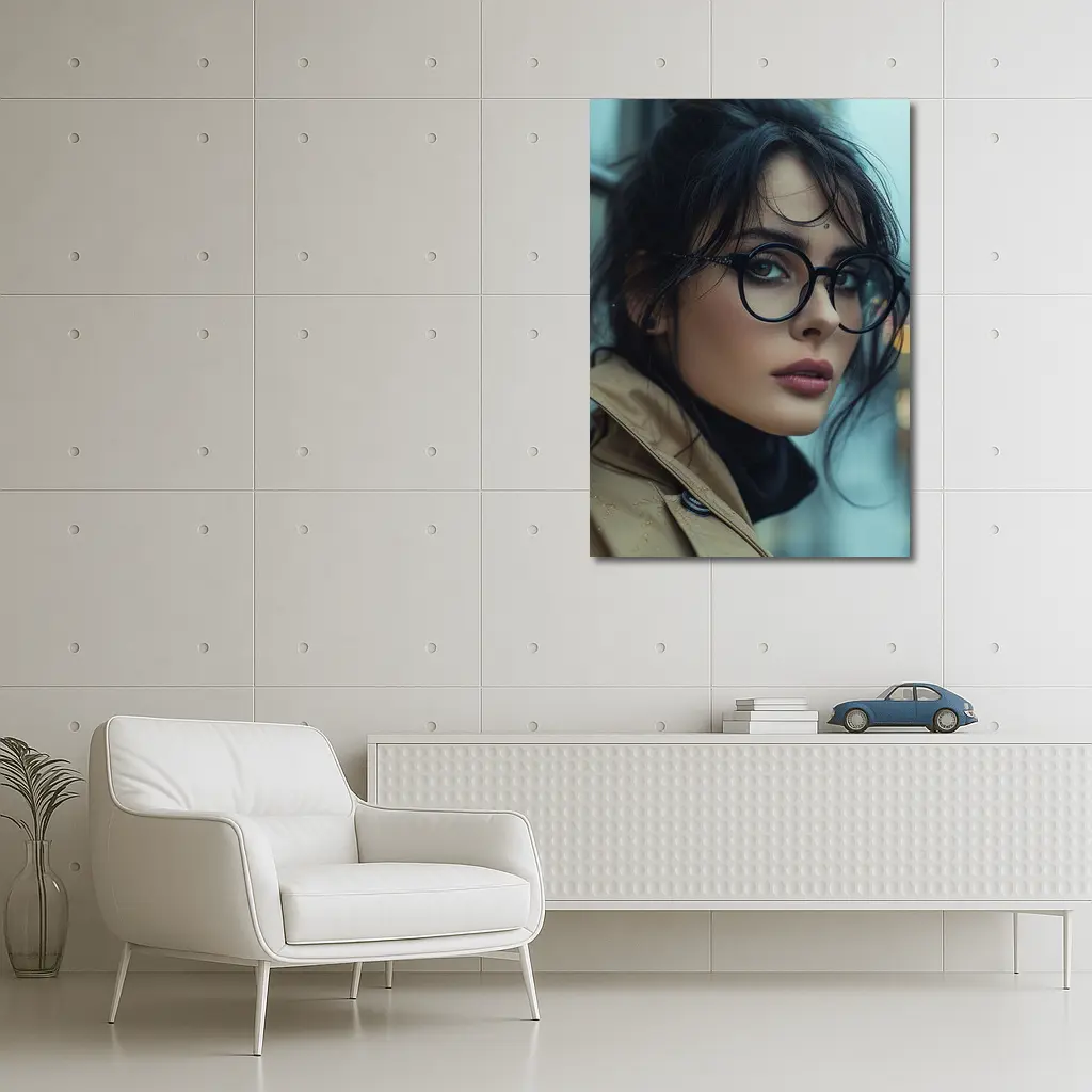 Dark Haired Woman Glasses City Background – Wall Art
